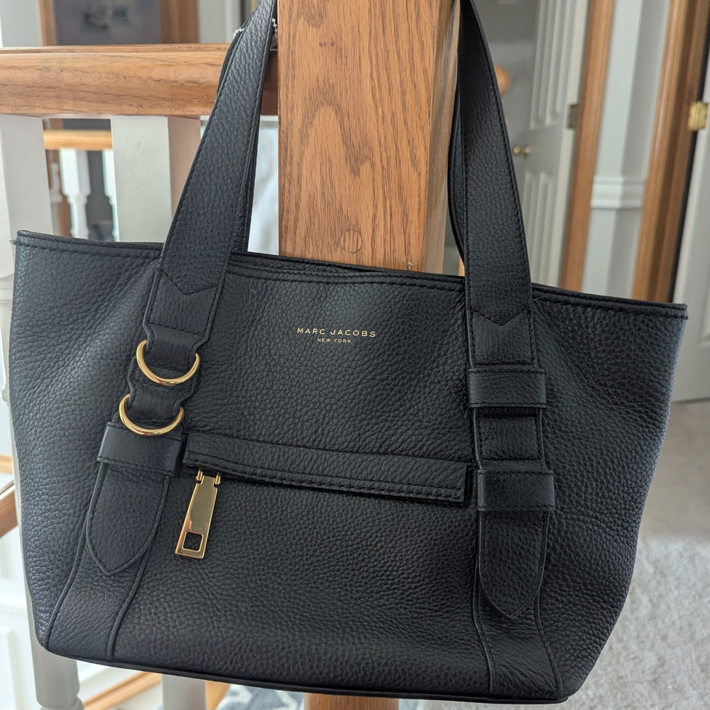 Marc Jacobs Black Leather Shoulder Tote with Gold Hardware